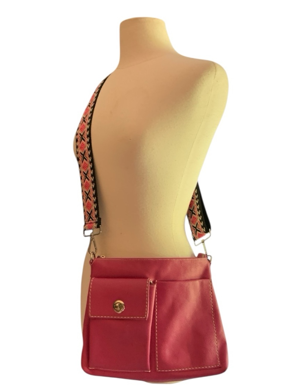 Roots Pink Crossbody Bag with Patterned Strap